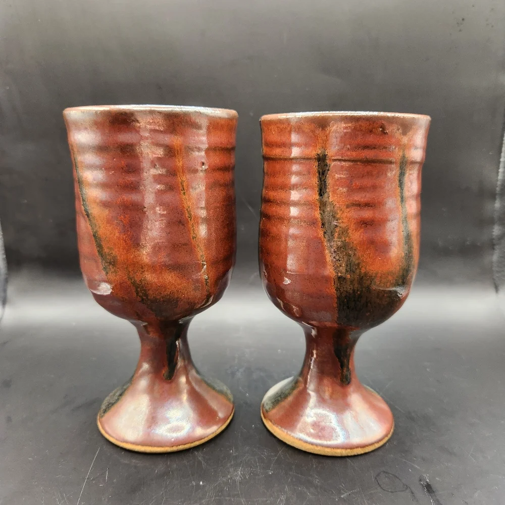 Art Pottery Goblets, Neutral Earth Tones, Set of 2